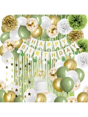 Sage Green Birthday Decorations Balloons Banner Backdrop Garland Party Set